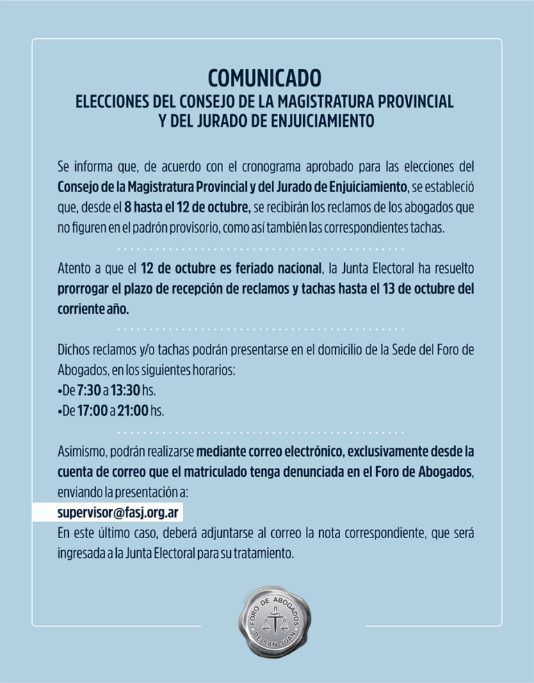 COMUNICADO ELECCIONES DEL CONSEJO DE LA MAGISTRATURA PROVINCIAL Y DEL JURADO DE ENJUICIAMIENTO